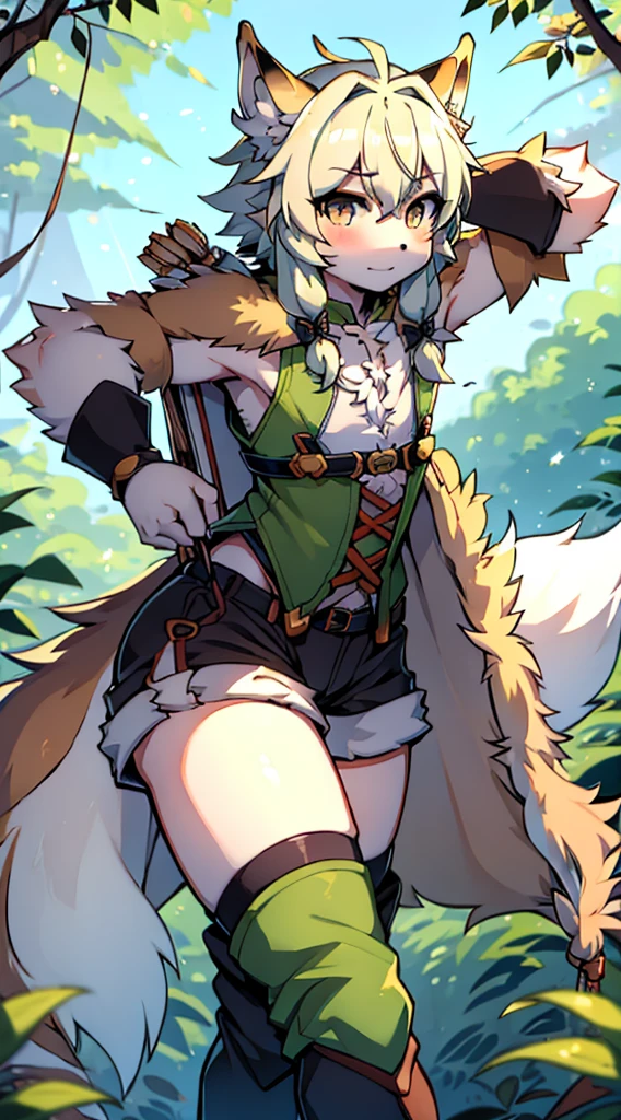 Wolf Boy，Wolf-eared boy，bow箭手少年，Hunter Junior，furry，furry，hairy，Blonde hair all over，Golden fur，Golden fur，绿色bow箭手服装，hunter costume，hunter costume，furry，白色丝绸Knee socks，Knee socks，蕾丝花边Knee socks，Lace style decoration，shorts，蕾丝花边shorts，运动shorts，皮革shorts，Big Ass，Pseudo-sissy ass，femboy，绿色hunter costume，Forest Background，Jungle Background，Outdoor Background，bow，手持bow，Archery pose，Archery pose，手持bow，bow箭，flat chest，Chest wrap