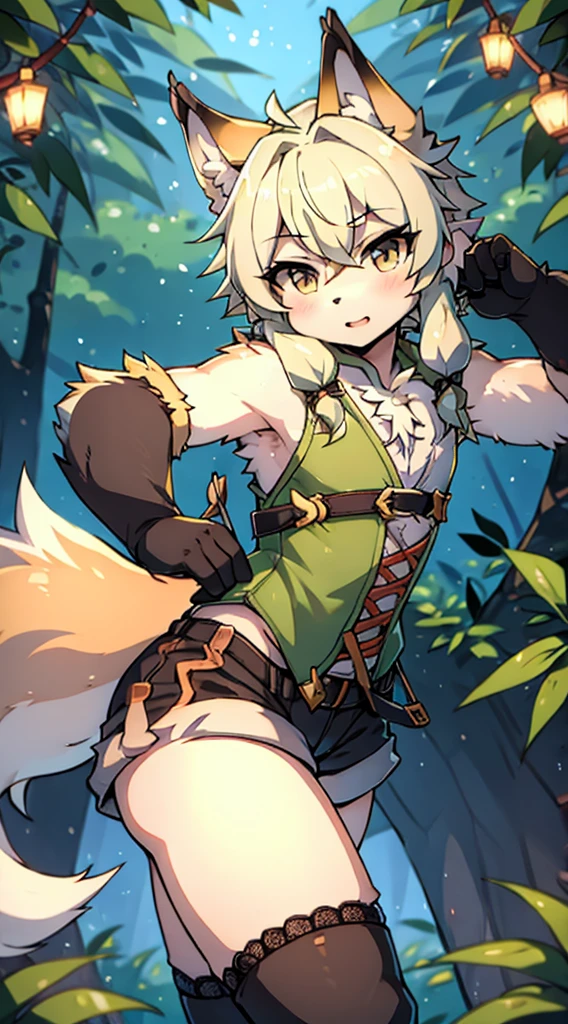 Wolf Boy，Wolf-eared boy，bow箭手少年，Hunter Junior，furry，furry，hairy，Blonde hair all over，Golden fur，Golden fur，绿色bow箭手服装，hunter costume，hunter costume，furry，白色丝绸Knee socks，Knee socks，蕾丝花边Knee socks，Lace style decoration，shorts，蕾丝花边shorts，运动shorts，皮革shorts，Big Ass，Pseudo-sissy ass，femboy，绿色hunter costume，Forest Background，Jungle Background，Outdoor Background，bow，手持bow，Archery pose，Archery pose，手持bow，bow箭，flat chest，Chest wrap