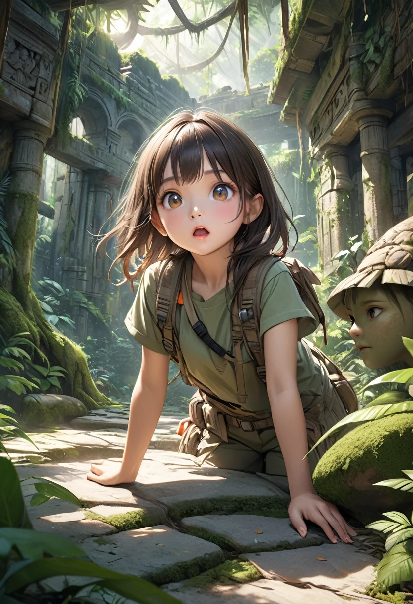 Jungle Adventure:1.2, a beautiful cute young girl jungle explorer, lost ancient civilization, overgrown ruins hidden in the vast jungle, intricate carvings on the ruins, girl with amazed expression and action pose, detailed portrait, (highest quality,16k,highres,masterpiece:1.2),ultra-detailed,(hyper-realistic,photo-realistic:1.37),detailed jungle environment, lush greenery, sunlight filtering through the canopy, moss-covered stone, weathered architecture, ancient artifacts, sense of wonder and discovery