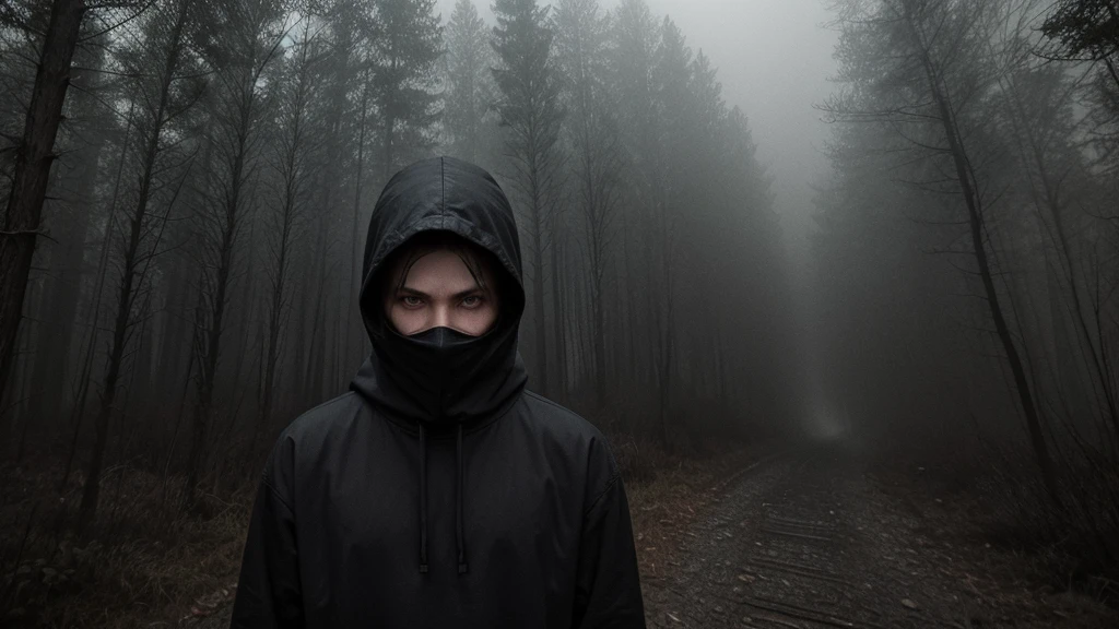 1 man in loose, lightweight black clothing, wearing a prominently visible balaclava, hanging by one hand from a track above a rusted roller coaster car, broken tracks and overgrown weeds, eerie atmosphere, sense of mystery and solitude, suspenseful mood, close-up shot from the car, shallow depth of field, soft, diffused lighting. Dark atmosfer.mask in face.8k