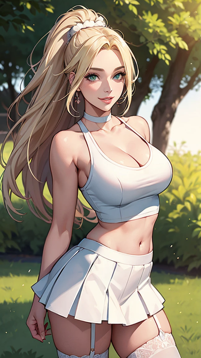 Highest Quality, masterpiece, beautifully detailed eyes, green eyes, long Blonde Hair, Gradient Hair, pink highlights in hair, large breasts, standing, makeup, glossy lips, full lips, (natural lighting), grass, cheerleader outfit, light smile, midriff, collarbone, white miniskirt, cleavage voluptuous, well-proportioned feminine body, anatomically perfect, detailed beautiful face, promotional photo, panel photo, shy charming smile, choker, Seductive pose, cheer garter belt, pom-poms