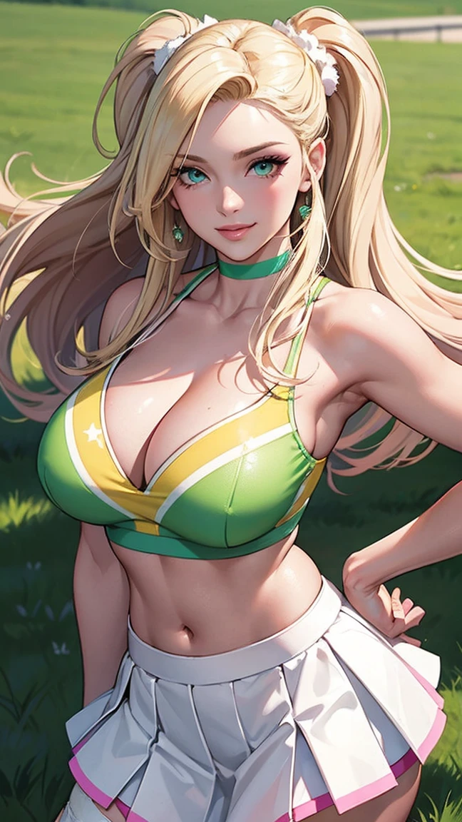 Highest Quality, ​masterpiece, beautifully detailed eyes, green eyes, long Blonde Hair, Gradient Hair, pink highlights in hair, large breasts, standing, makeup, glossy lips, full lips, (natural lighting), grass, cheerleader outfit, light smile, midriff, collarbone,  white miniskirt, cleavage voluptuous, well-proportioned feminine body, anatomically perfect, detailed beautiful face, promotional photo, panel photo, shy charming smile, choker, Seductive pose, cheer garter belt, pom-poms