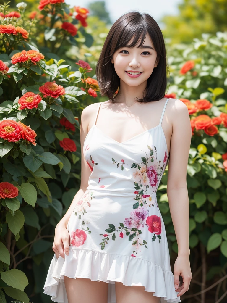 1girl,sexy pose,best quality,masterpiece,illustration,an extremely delicate and beautiful,CG,unity,8k wallpaper,Amazing,finely detail,masterpiece,official art,extremely detailed CG unity 8k wallpaper,incredibly absurdres,huge filesize,ultra-detailed,highres,extremely detailed,beautiful detailed girl,realistic,outdoors,light contrast,(florals_buzzer_dress:1.5),、Red lipstick、big breasts、White panties are visible from the skirt、Looking from below、smile、Watching from behind、