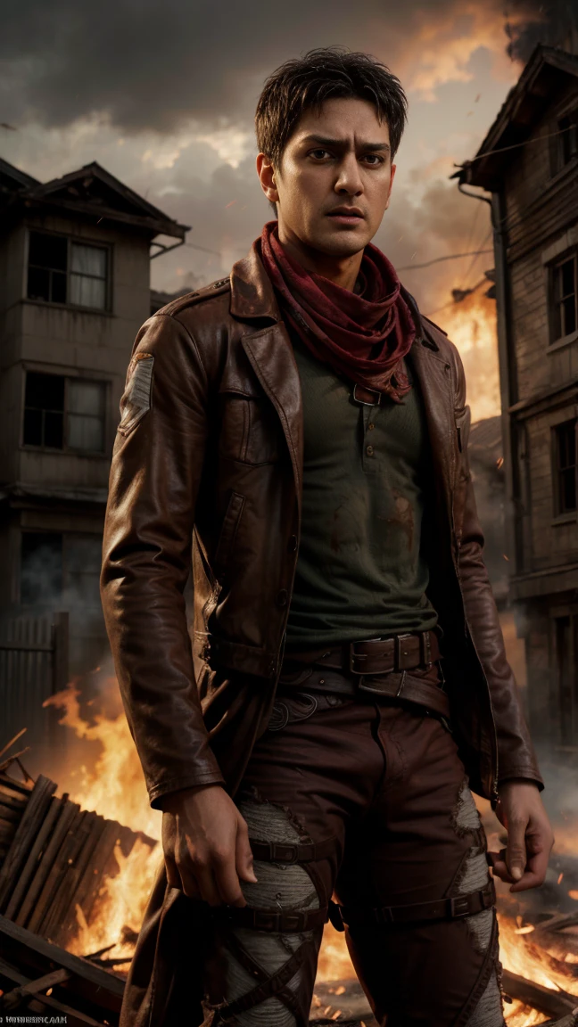 (masterpiece), (hyper realistic), Mahesh Babu from Attack on Titan, survey corps uniform, maroon scarf around the neck, sad pose, dinamic lighting, fire, traces of blood on clothes and face, burning houses in the background, smoke, Rain