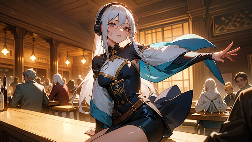 A beautiful woman is sitting and listening to music, with long grey hair, men and women are enjoying music and dancing at a bar, heartwarming, medieval, bard, epic,