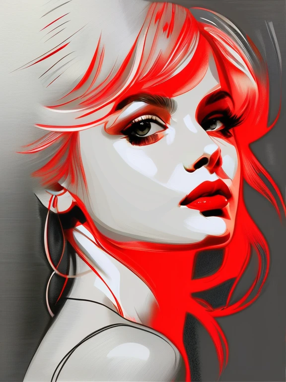 Pencil Sketch Drawing, line art drawing, a elegant beautiful young woman, combination of Erin Moriarty:0.9, joey king:0.7, Rachael Taylor:1.2, wearing tango dress, (her silhouette outlined with glowing red). (style of Vladimir Volegov:1.1). (her silhouette contoured with glowing red). red white on grey color palette. professional, sleek, modern, minimalist, graphic, line art, vector graphics, black and white drawing, graphite drawing, painting in the style of Anders Zorn, Alexi Brilo, Luisa Royo