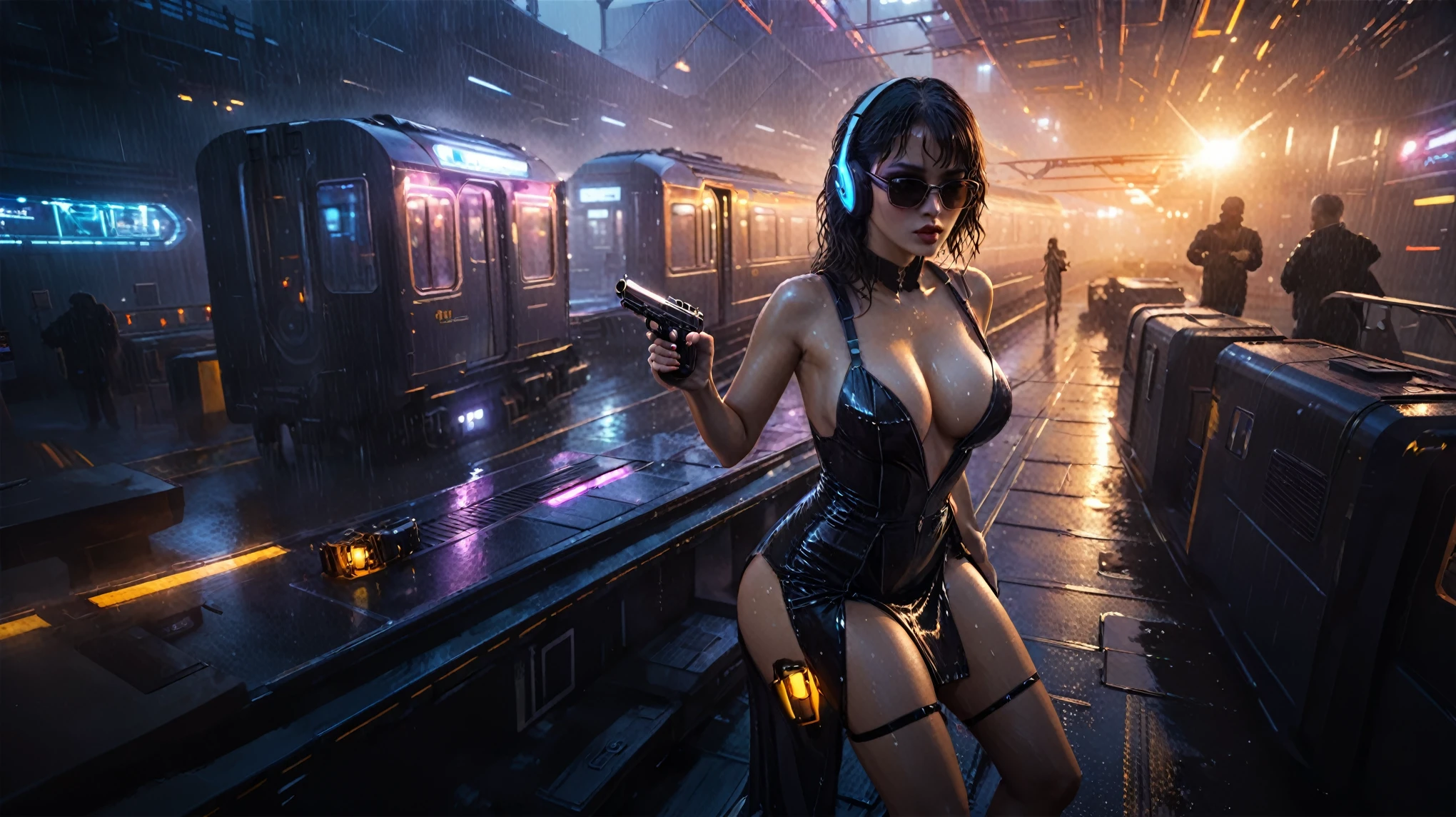 (((aerial view))), Blade Runner style futuristic railway platform, hi-tech train, neon lights, rainy night. (1girl, solo, alone), large-breast:1.2 slim body, cleavage:1.1, sexy wind blowing wet dress:1.4, headphone, (black sunglasses), (((she raised a pistol:1.8 and shot:1.8 the viewer))), dynamic pose, (((half-body thigh level medium shot))), cinematic lighting, lens flare, ray tracing, zoom-in blurred:1.4 background.