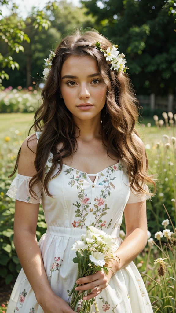 Woman in garden, white floral dress, curly hair, beautiful face, flowers, colorful, grasses,