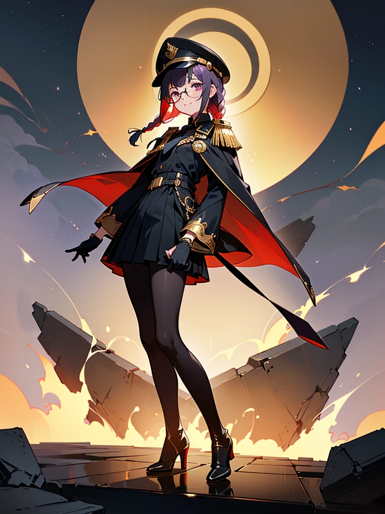 realisitic, City Deserted, Pile of rubble, Brick building, a one woman (18 years old, far away blackw hair, far away slits, Eyes red, glare eyes, 精致的面容, standing (In floor, feet shoulder-width apart), Lolita style military uniform (blackw base, Red Insert, golden decoration, volantes, wide sleeves, dainty and delicate detailing armors), blackw far away gloves (blackw, Red Insert, golden decoration, small hands, armors), blackw far away gloves, knee high boots (blackw, high-heels, red soles), ha (blackw, aba dourada, shield emblem, delicate details), arms in front, Front of belly, Holding military swords with both hands (blackw, golden decoration, delicate detail, Handle at the top, Ground-facing blade, in front of the body, far away), night sky (blackw, stele, Increased flames and smoke) Pale painting style, One Girl, super high quality, Super Detail, Super Detailed image, long hair, looking at viewer, skirt, shirt, hair ornament, violet eyes, gloves, round glasses, long sleeves, hat, closed mouth, jacket, violet hair, braid, open clothes, necktie, black gloves, black skirt, uniform, single braid, open jacket, black jacket, black headwear, 手链, Peaked cap, black necktie, cropped jacket, military hat, pantyhose, Flat Chest, smile, Black Cape