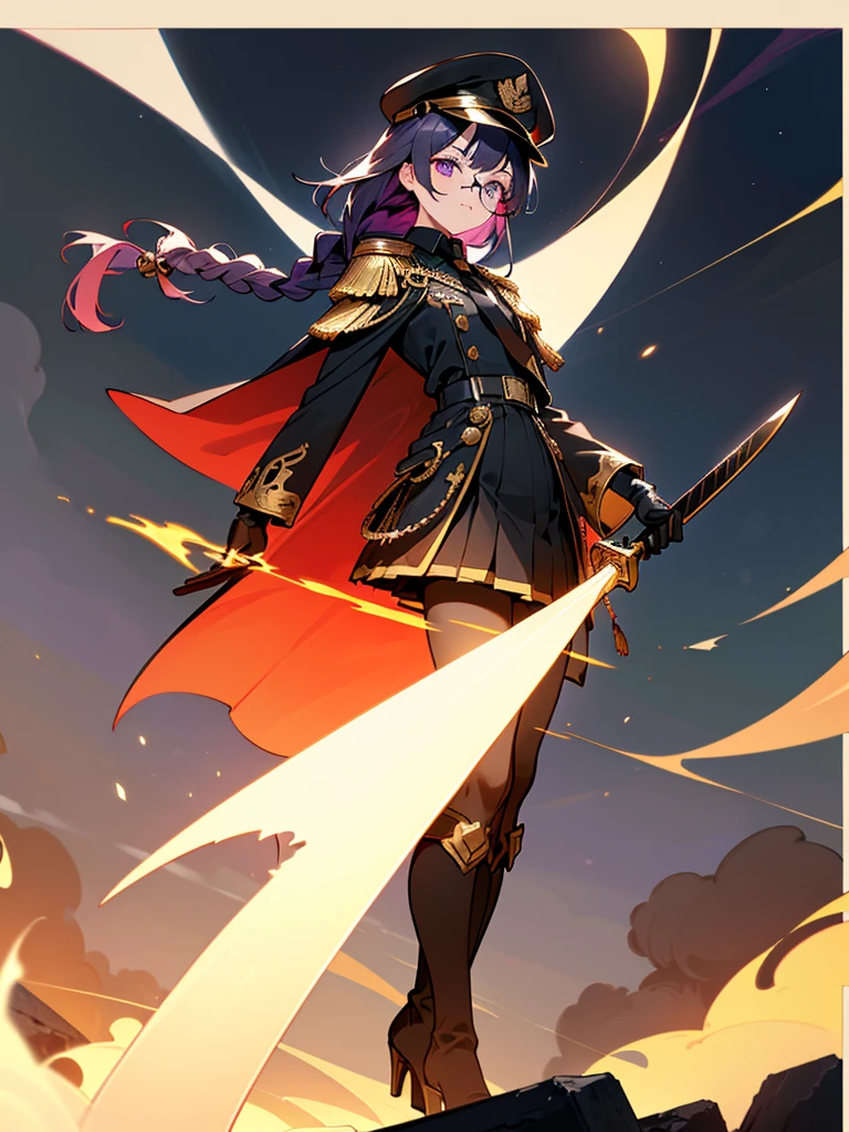 realisitic, City Deserted, Pile of rubble, Brick building, a one woman (18 years old, far away blackw hair, far away slits, Eyes red, glare eyes, 精致的面容, standing (In floor, feet shoulder-width apart), Lolita style military uniform (blackw base, Red Insert, golden decoration, volantes, wide sleeves, dainty and delicate detailing armors), blackw far away gloves (blackw, Red Insert, golden decoration, small hands, armors), blackw far away gloves, knee high boots (blackw, high-heels, red soles), ha (blackw, aba dourada, shield emblem, delicate details), arms in front, Front of belly, Holding military swords with both hands (blackw, golden decoration, delicate detail, Handle at the top, Ground-facing blade, in front of the body, far away), night sky (blackw, stele, Increased flames and smoke) Pale painting style, One Girl, super high quality, Super Detail, Super Detailed image, long hair, looking at viewer, skirt, shirt, hair ornament, violet eyes, gloves, round glasses, long sleeves, hat, closed mouth, jacket, violet hair, braid, open clothes, necktie, black gloves, black skirt, uniform, single braid, open jacket, black jacket, black headwear, 手链, Peaked cap, black necktie, cropped jacket, military hat, pantyhose, Flat Chest, smile, Black Cape