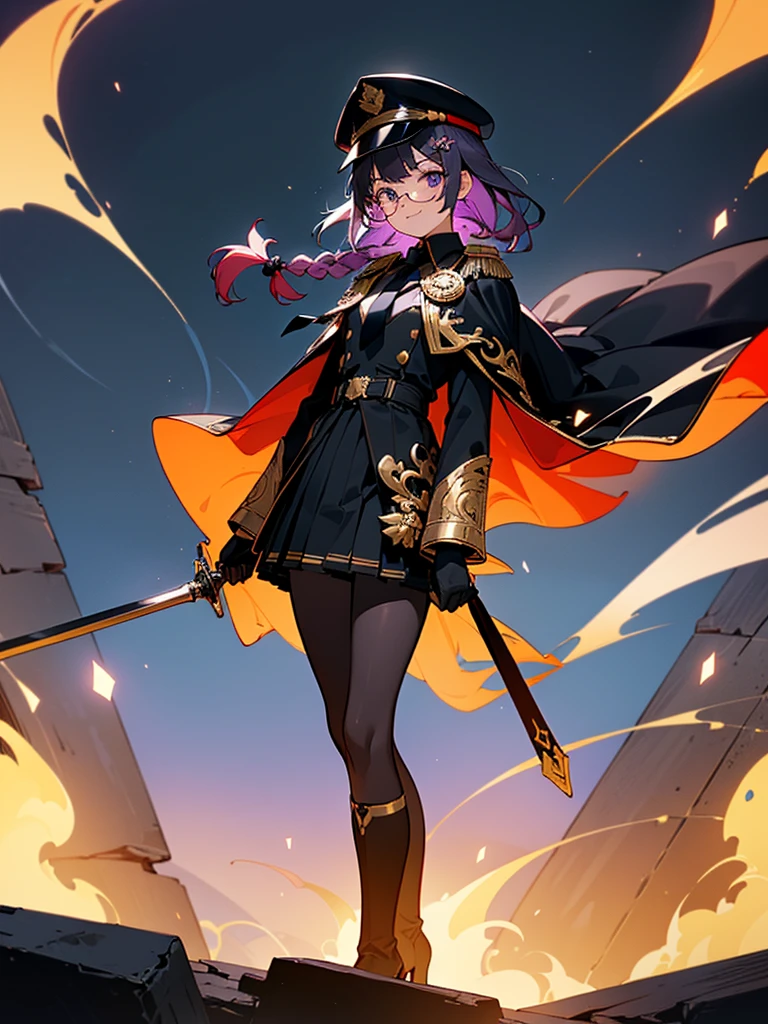 realisitic, City Deserted, Pile of rubble, Brick building, a one woman (18 years old, far away blackw hair, far away slits, Eyes red, glare eyes, 精致的面容, standing (In floor, feet shoulder-width apart), Lolita style military uniform (blackw base, Red Insert, golden decoration, volantes, wide sleeves, dainty and delicate detailing armors), blackw far away gloves (blackw, Red Insert, golden decoration, small hands, armors), blackw far away gloves, knee high boots (blackw, high-heels, red soles), ha (blackw, aba dourada, shield emblem, delicate details), arms in front, Front of belly, Holding military swords with both hands (blackw, golden decoration, delicate detail, Handle at the top, Ground-facing blade, in front of the body, far away), night sky (blackw, stele, Increased flames and smoke) Pale painting style, One Girl, super high quality, Super Detail, Super Detailed image, long hair, looking at viewer, skirt, shirt, hair ornament, violet eyes, gloves, round glasses, long sleeves, hat, closed mouth, jacket, violet hair, braid, open clothes, necktie, black gloves, black skirt, uniform, single braid, open jacket, black jacket, black headwear, 手链, Peaked cap, black necktie, cropped jacket, military hat, pantyhose, Flat Chest, smile, Black Cape