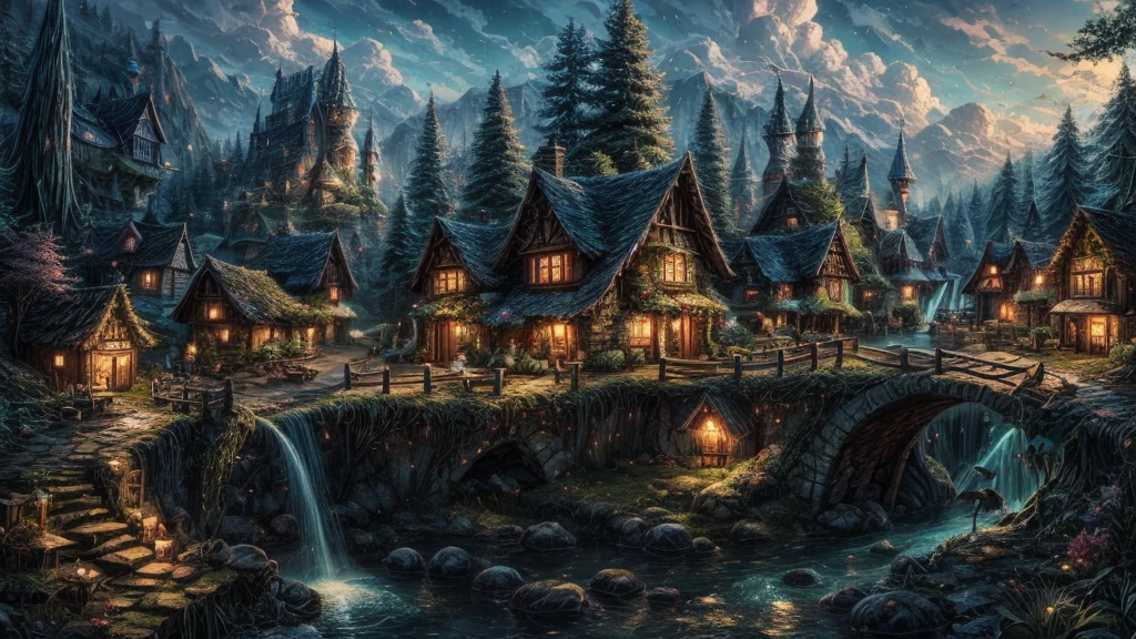 16K,enchanting fairy village, waterfall, small houses, Fantasy Place