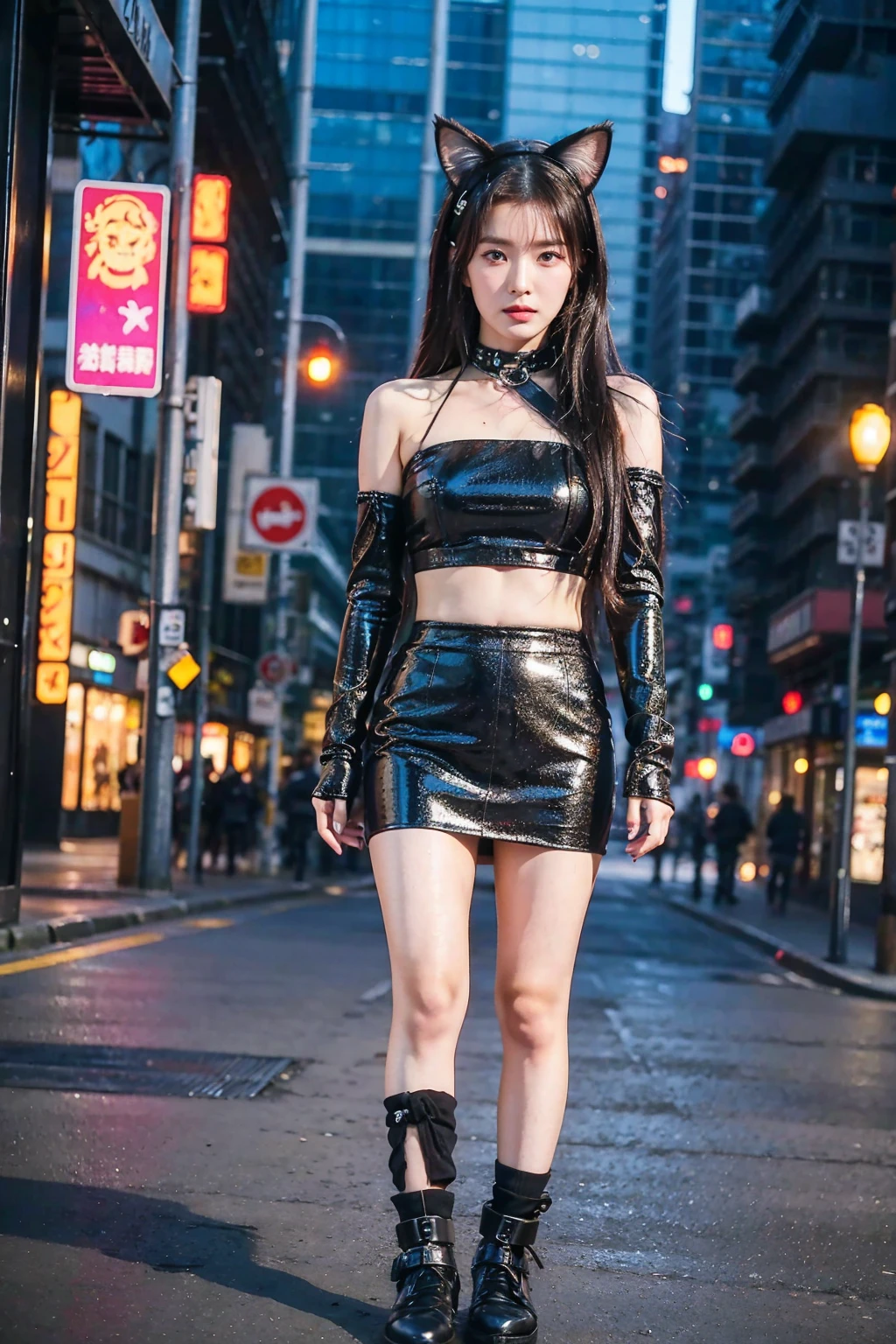 Full body of anime girl with long hair and cat ears in the city, delicate face, beautiful face, 4K Ultra HD, masterpiece, digital cyberpunk anime art, cyberpunk anime girl mech, female cyberpunk anime girl, cyberpunk anime girl, anime cyberpunk art, cute cyborg girl, Digital Cyberpunk - Animation Art, cyberpunk anime art, oppa cyberpunk, animation style 4k, perfect android girl, cyberpunk beautiful girl, beautiful girl cyborg