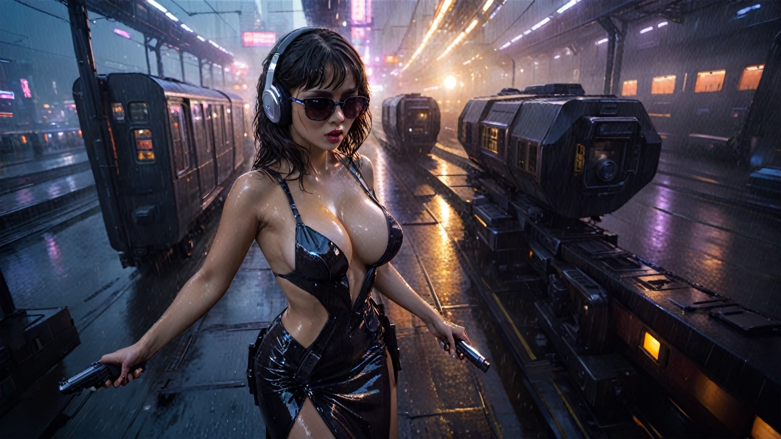 (((aerial view))), Blade Runner style futuristic railway platform, hi-tech train, neon lights, rainy night. (1girl, solo, alone), large-breast:1.2 slim body, cleavage:1.1, sexy wind blowing wet dress:1.4, headphone, (black sunglasses), (((she raised a pistol:1.8 and shot:1.8 the viewer))), dynamic pose, (((half-body thigh level medium shot))), cinematic lighting, lens flare, ray tracing, zoom-in blurred:1.4 background.