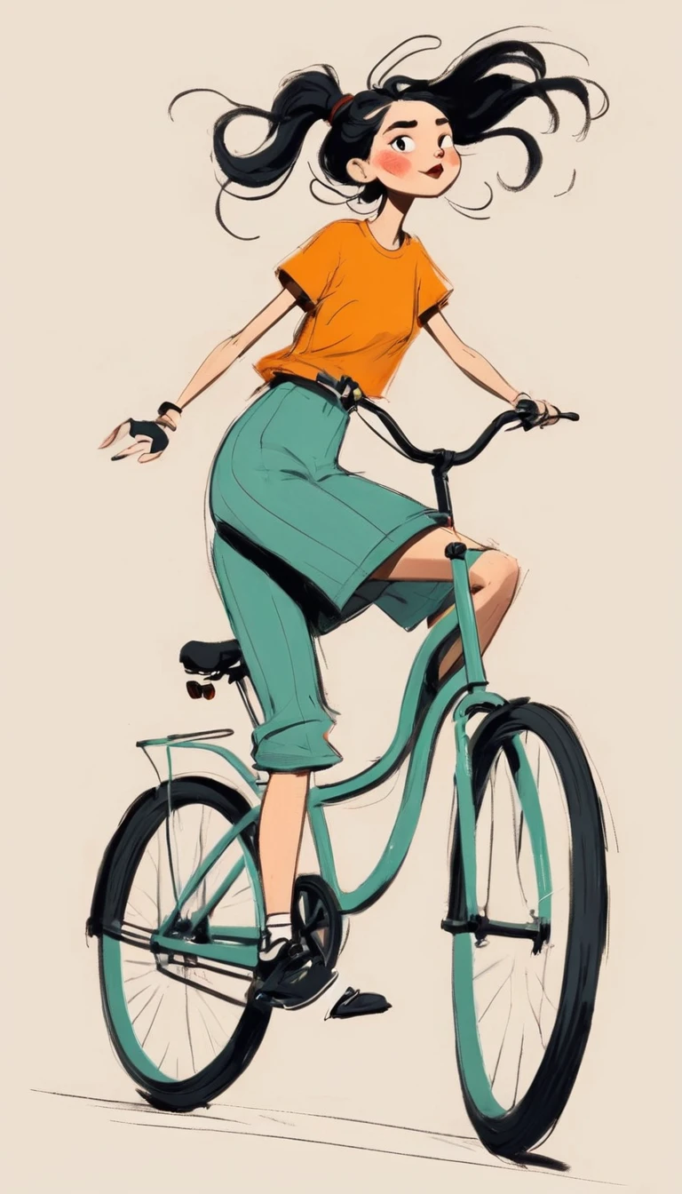 (((Exaggerated digital character sketches:1.37))).(Girl riding a bicycle，Double tail，fashion clothing)，(Black sketch lines，Loose brushstrokes create the outline，Cartoon Style. Bright colors and simplified lines, sketch)。(Exaggerated body movements),