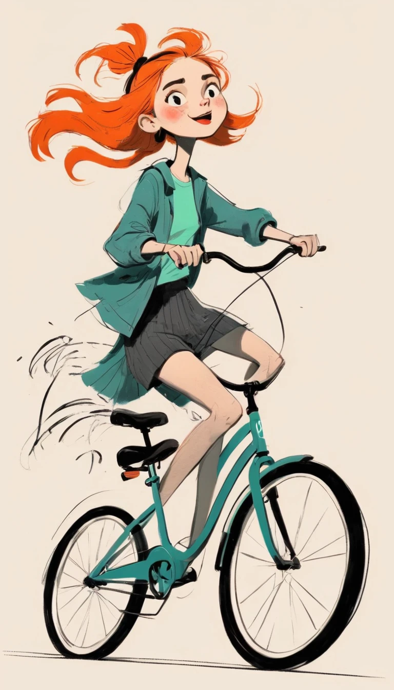 (((Exaggerated digital character sketches:1.37))).(Girl riding a bicycle,Double tail,fashion clothing),(Black sketch lines,Loose brushstrokes create the outline,Cartoon Style. Bright colors and simplified lines, sketch)。(Exaggerated body movements),