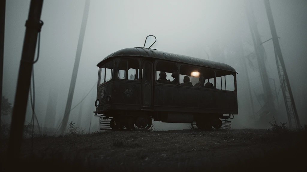 1 women in loose, lightweight black clothing, wearing a prominently visible balaclava, hanging by one hand from a track above a rusted roller coaster car, broken tracks and overgrown weeds, eerie atmosphere, sense of mystery and solitude, suspenseful mood, close-up shot from the car, shallow depth of field, soft, diffused lighting. Dark atmosfer.mask in face.8k