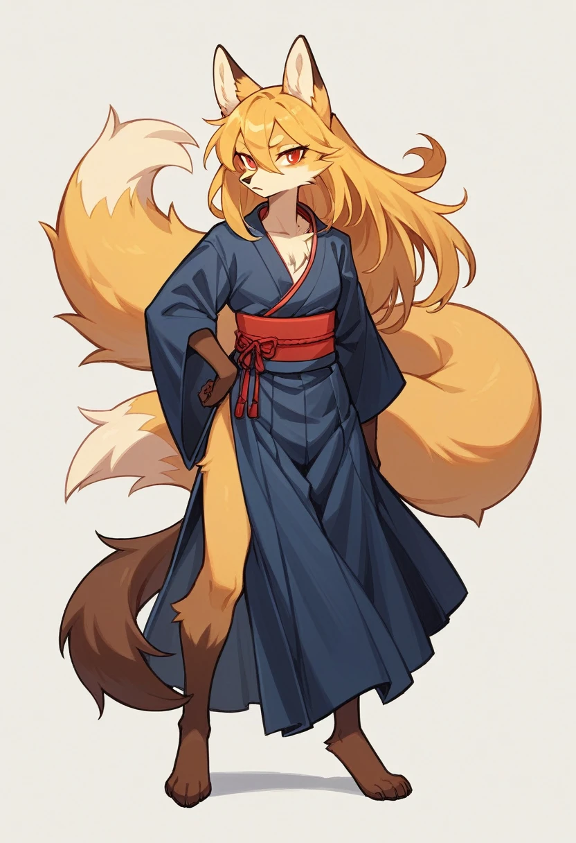 (full body,,The left hand is on the hip),((The right hand is out in front,Nine-tailed tail,Ultra delicate,)),small breasts,Adult female fox, Furry, Golden fur, Golden facial fur, long golden hair, The hair on his hands is golden, Golden yellow hair on the back of the hand, Light-filled eyes, Red eyes, Brown elements of fur,Dark blue kimono,Dark blue hakama,Very fine fur, Fluffy tail,