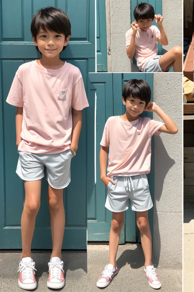 A tanned -yeld Jaese boy modeling in shorts during summer vacation The shorts are off