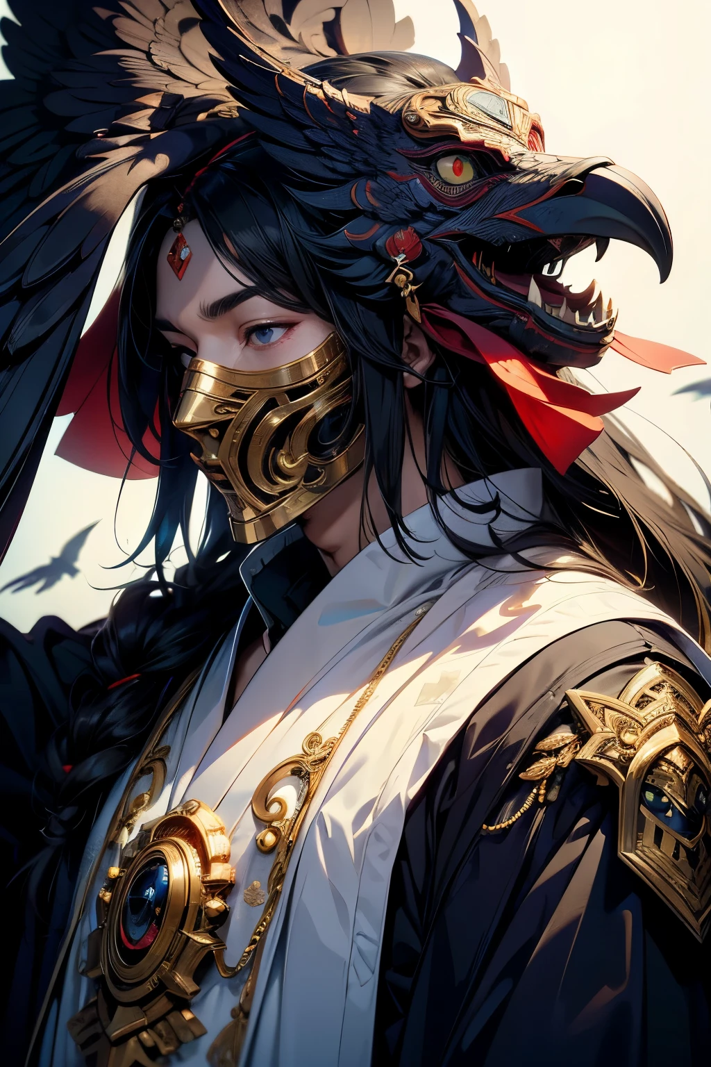 Karasutengu,His face is hidden by a crow mask。Wearing white clothing。High resolution,8k、The background is Mt、masterpiece、He is an attractive male god.。