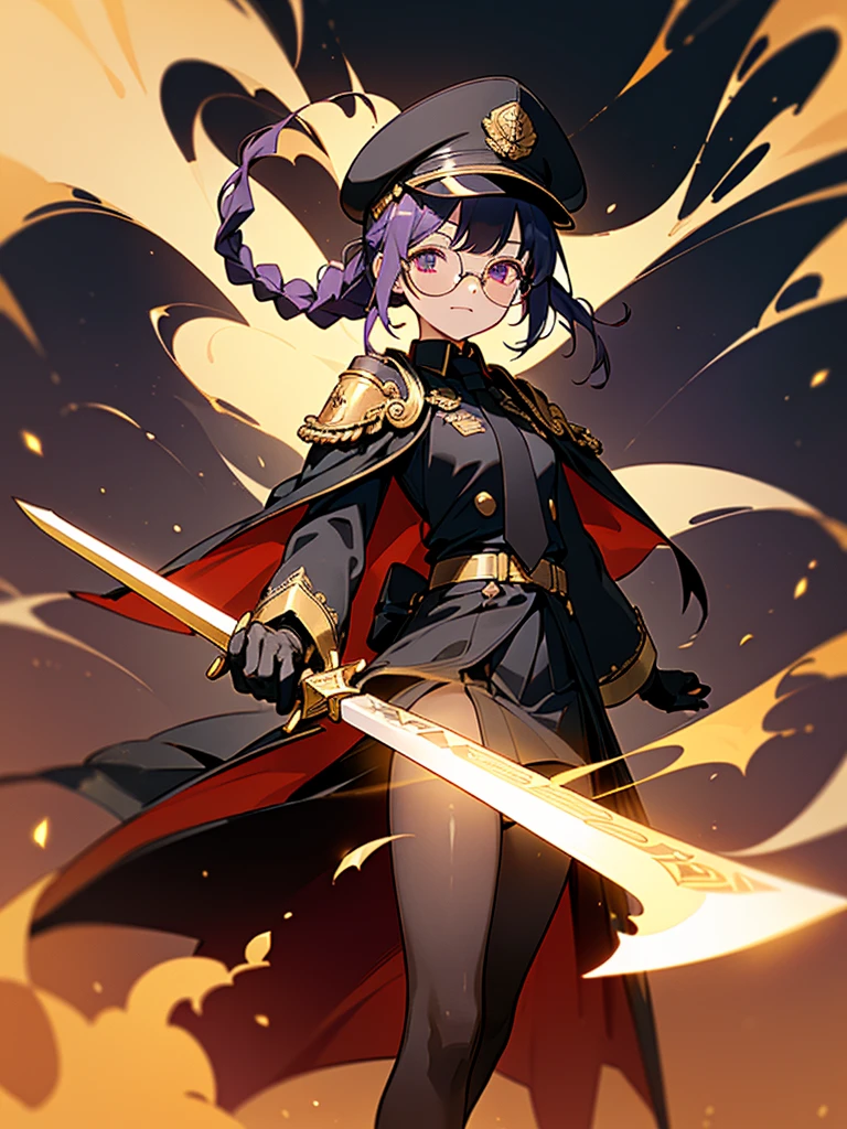 realisitic, City Deserted, Pile of rubble, Brick building, a one woman (18 years old, far away blackw hair, far away slits, Eyes red, glare eyes, 精致的面容, standing (In floor, feet shoulder-width apart), Lolita style military uniform (blackw base, Red Insert, golden decoration, volantes, wide sleeves, dainty and delicate detailing armors), blackw far away gloves (blackw, Red Insert, golden decoration, small hands, armors), blackw far away gloves, knee high boots (blackw, high-heels, red soles), ha (blackw, aba dourada, shield emblem, delicate details), arms in front, Front of belly, Holding military swords with both hands (blackw, golden decoration, delicate detail, Handle at the top, Ground-facing blade, in front of the body, far away), night sky (blackw, stele, Increased flames and smoke) Pale painting style, One Girl, super high quality, Super Detail, Super Detailed image, long hair, looking at viewer, skirt, shirt, hair ornament, violet eyes, gloves, round glasses, long sleeves, hat, closed mouth, jacket, violet hair, braid, open clothes, necktie, black gloves, black skirt, uniform, single braid, open jacket, black jacket, black headwear, 手链, Peaked cap, black necktie, cropped jacket, military hat, pantyhose, Flat Chest, smile, Black Cape