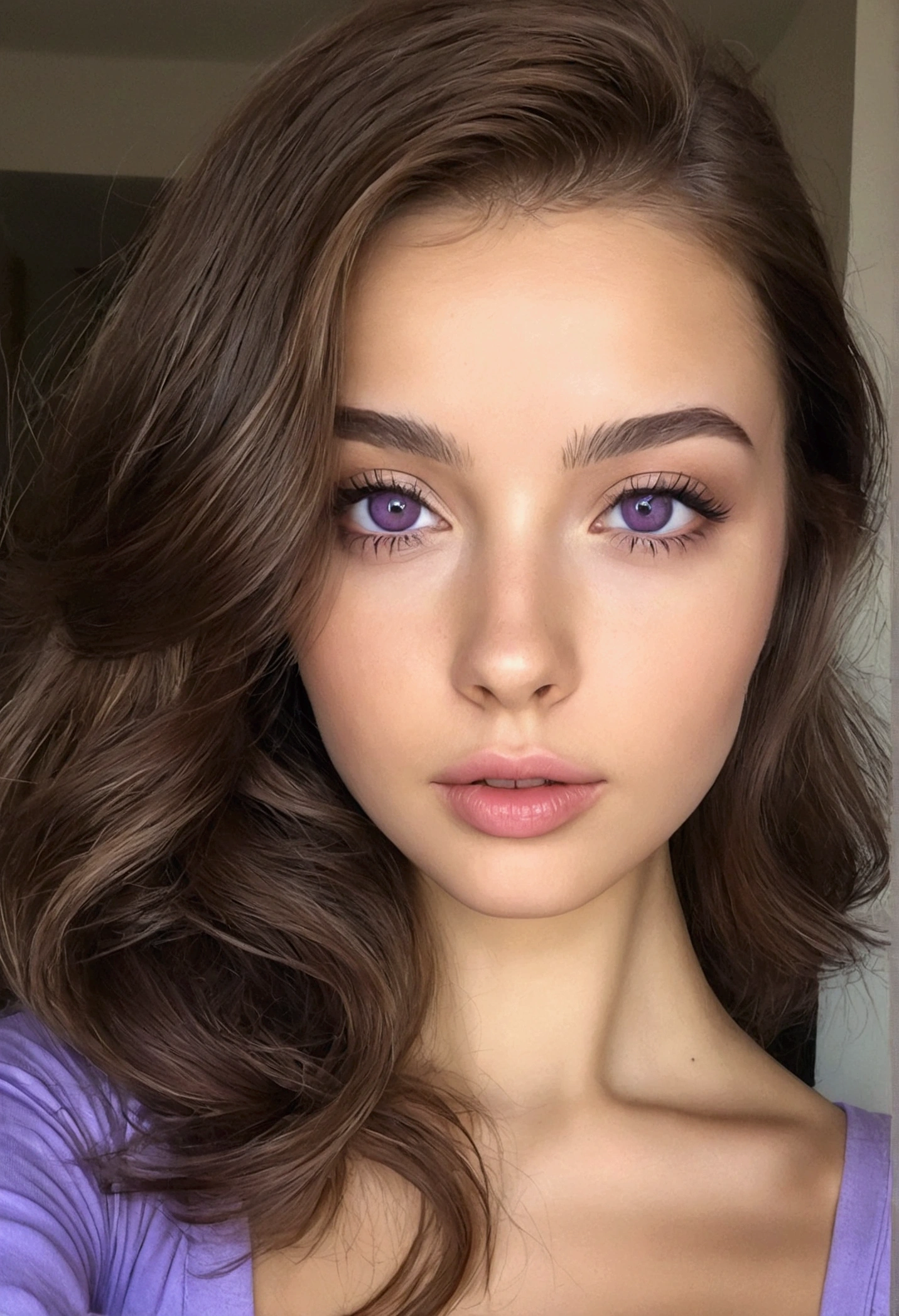 femme anglaise pleinement , fille sexy aux yeux marrons, Ultra réaliste, minutieusement détaillé, portrait sophie mudd, cheveux bruns et grands yeux, selfie d&#39;une jeune femme, dans le canapé, violette myers, sans maquillage, maquillage naturel, regarder directement la caméra, visage avec artgram, maquillage subtil, buste de taille moyenne à grande, seins dégagés, selfie, nu, 32ème buste, café