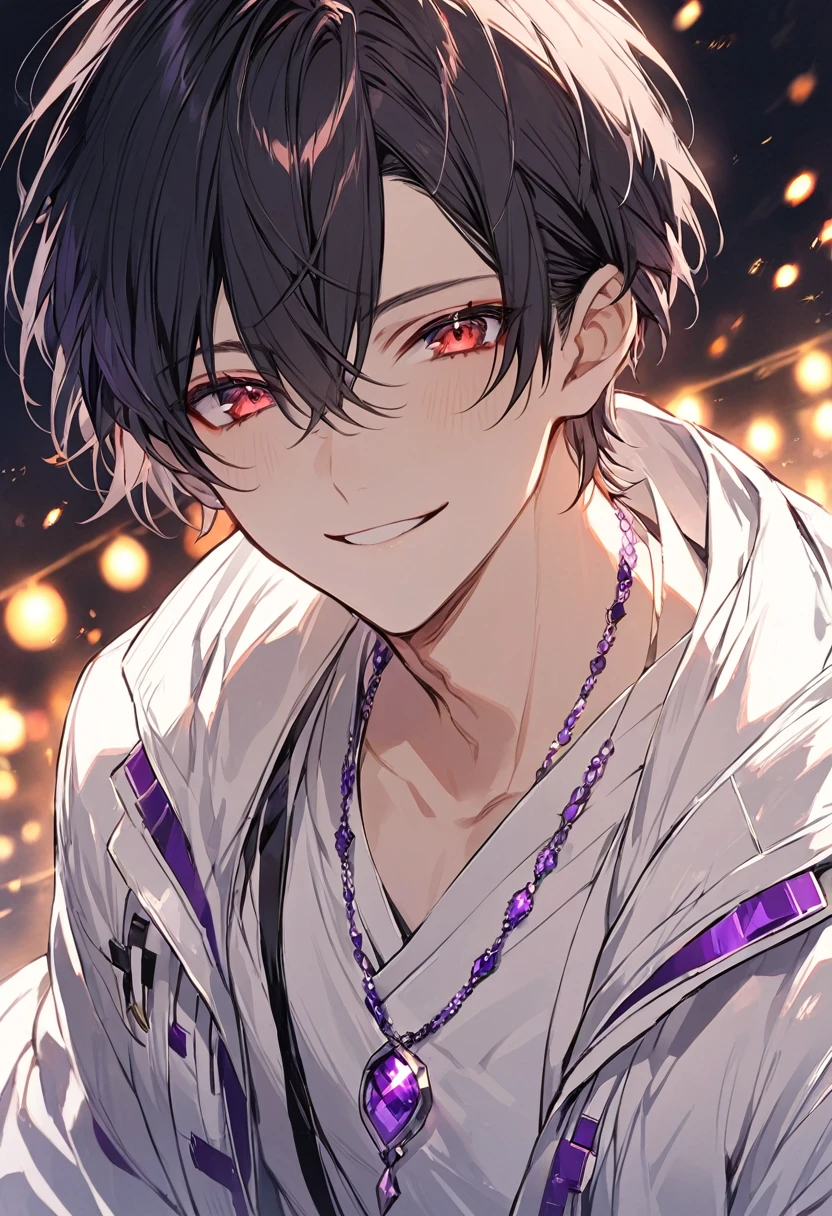 good looking, alone, 1 male, short hair, Black Hair, Red eyes, White shirt, White coat,Smile Facial, Purple Necklace