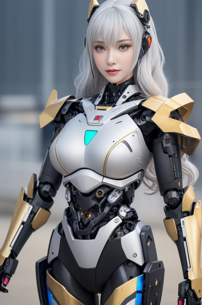 Super Detail, High Detail, high quality, best quality, High resolution,1 female robot,Beautiful female robot,beautiful clear face(Rain waves_haneame:1.5), Realistic, High resolution, Soft Light,Hips up, (Detailed face), silver hair, long hair, Mecha Maiden, Colorful mechanical parts, mechanical joint, Thick mechanical armor,Weaponry, All metal body(Mainly black,A little bit of red and gold accents), Technology Antenna Hair Accessories