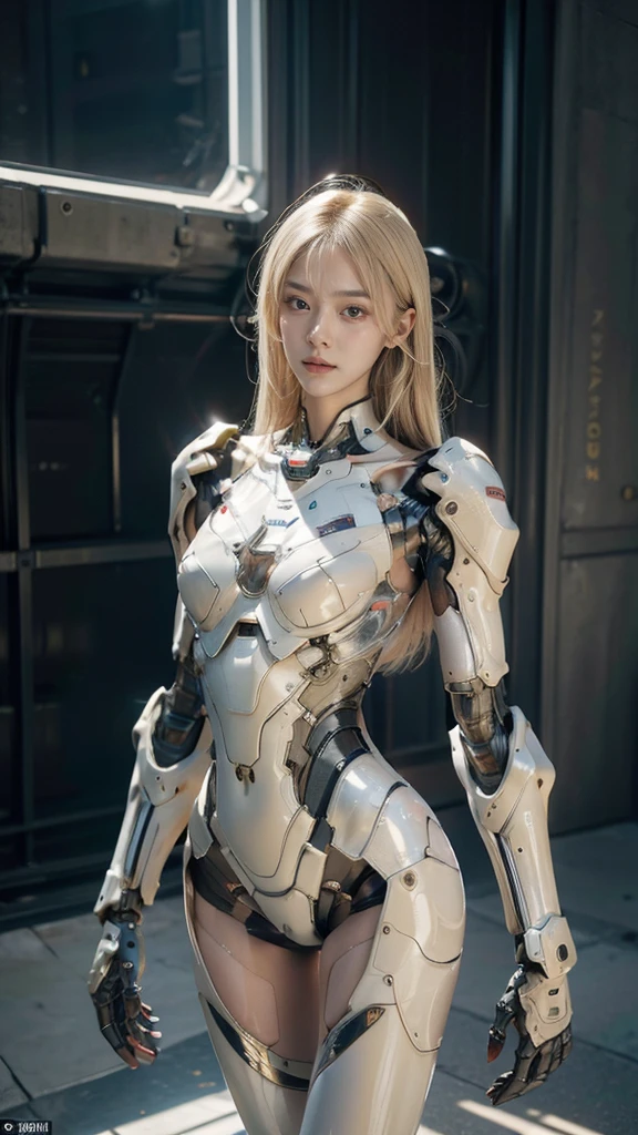 best quality, 1080P, Masterpiece, Whole body photo, Ultra high resolution, photorealistic photo, ultra realism, Realistic skin texture, Light blonde hair, Extreme skin detail, dslr, Detailed eyes, Facing the camera, very beautiful face, Concise facial structure, Pale skin, Realistic skin texture, Extreme skin detail, oc render reflection textures, Realistic light and shadow, Single picture, alone, The body is slim and balanced., Age 20, Height 170, naked girl, NUDE, no underwear, A girl with the body of a mechanical robot., Transparent futuristic black glass mech armor suit, red dress, The mechanical cervix is attached to the neck., flat stomach, Woman with perfect mechanical arms and legs, full body view, Whole body photo,