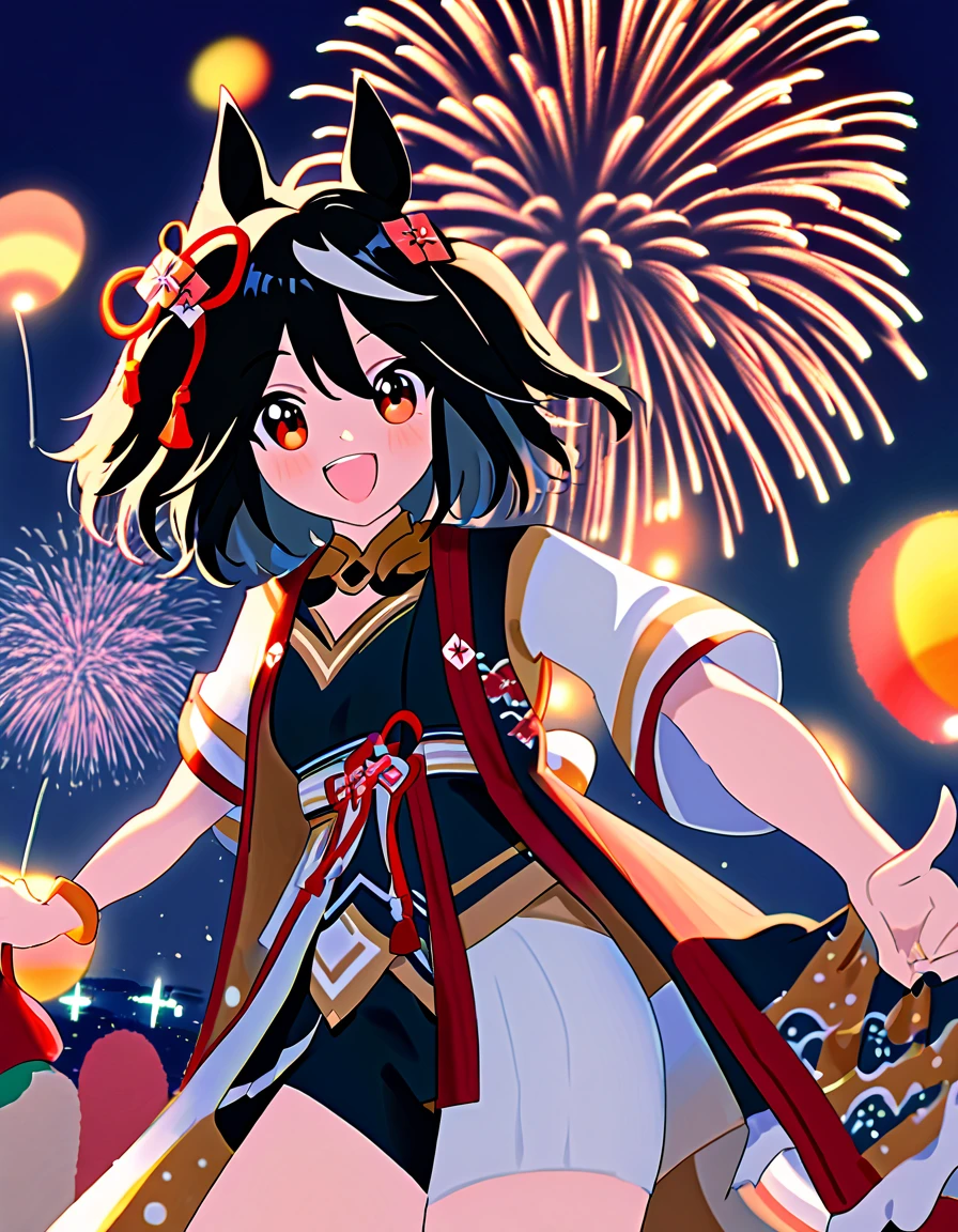 Ultra-high resolution, Highest quality, 8k,Horse Girl,Kitasan Black,162 cm,Bust 85,Waist 56,Hip 88,Festivals,firework,A happy smile,Cute pose,Five fingers on a hand