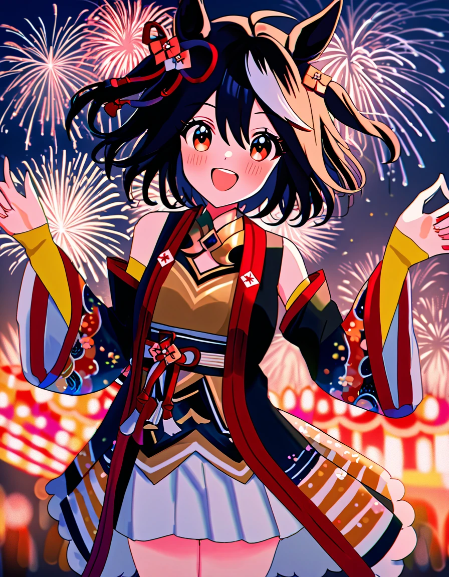 Ultra-high resolution, Highest quality, 8k,Horse Girl,Kitasan Black,162 cm,Bust 85,Waist 56,Hip 88,Festivals,firework,A happy smile,Cute pose,Five fingers on a hand
