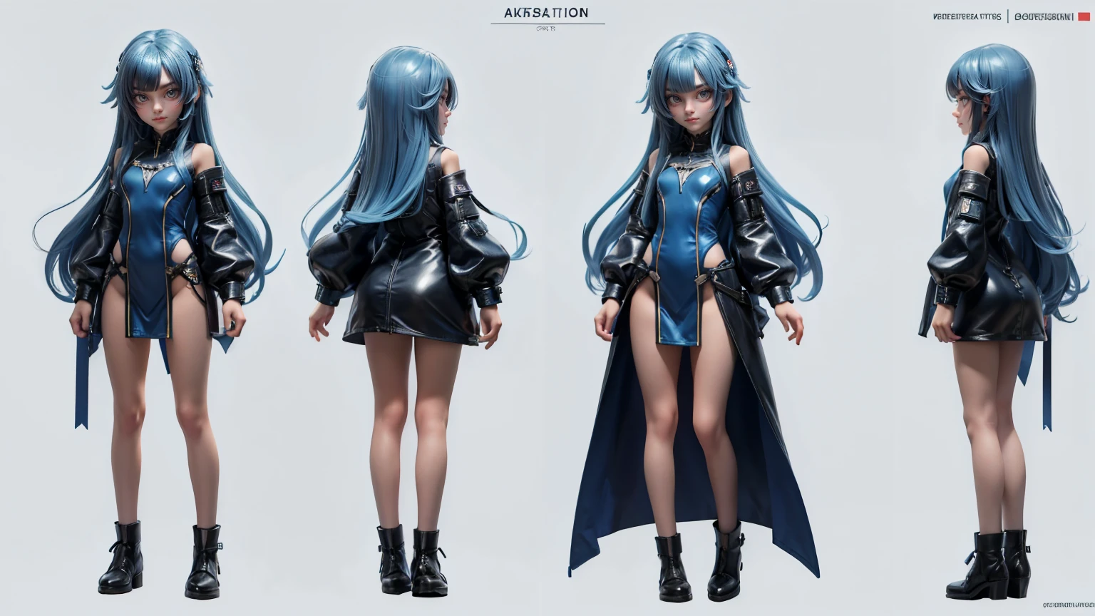 girl, wearing a futuristic dress in hot blue color, wavy straight hair , red dress , gaming full straight standing pose, student, , Full body, girl, , Simple plain background, HD, standing, modern , front view, modern dresses, unique,+3 View prompt standing, 3 View Drawings, side and Front and back, Character Sheet, Full body, Simple white background, character reference sheet, Concept art, design sheet, Character Design, full body adoptable horizontal clear and blue hair