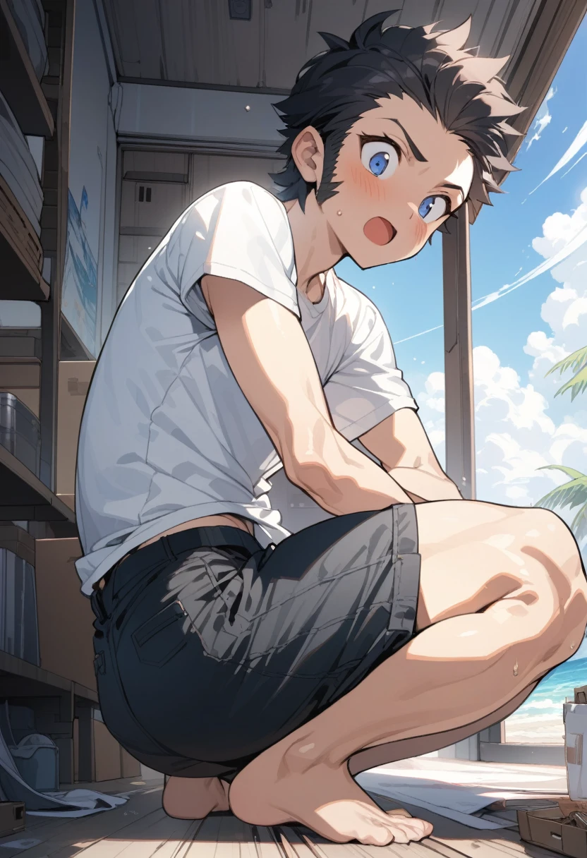 masterpiece, best quality, extremely detailed, ultra detailed, flat anime, 2D, ((1boy)),black hair, (short hair:1.5),blue eyes, height 1.7meters, (circle eyes:1.2), (young adult:1.2), Ear-length sideburns, long Sleeves, White T-shirt, barefoot, ((short sleeves)), ((long pants)), squatting, looking back, open mouth, summer, 12AM, livingroom,organizing the boxes., ((from behind)),((looking at another))