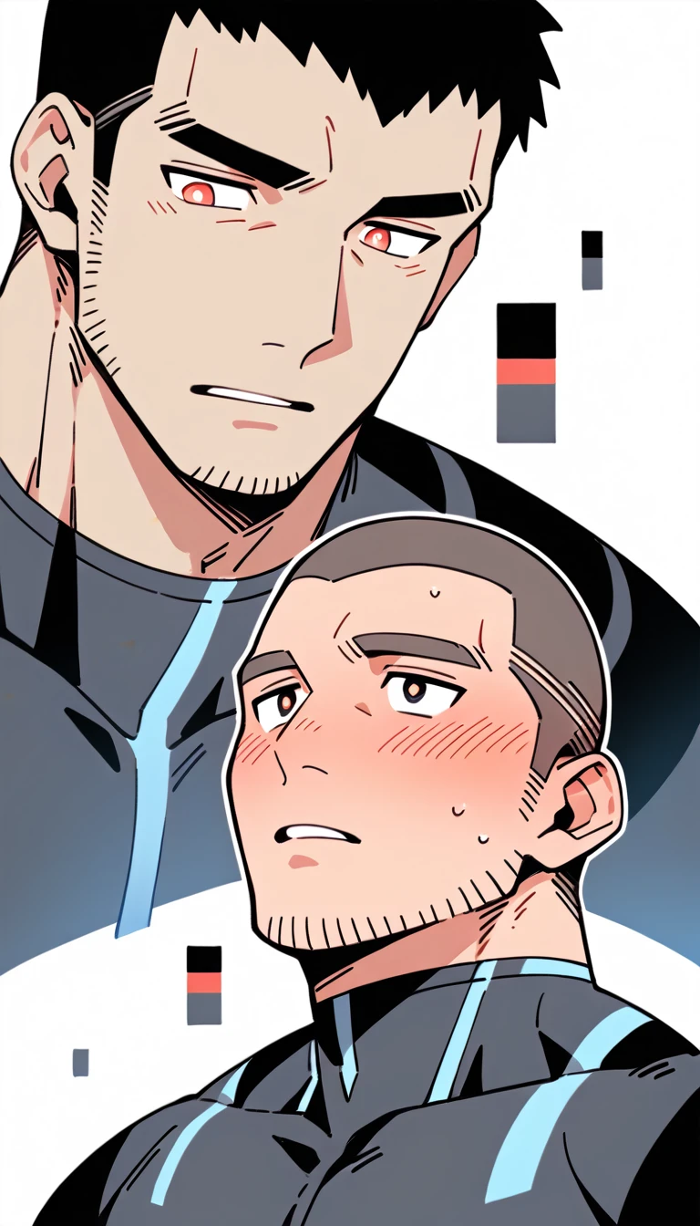 anime characters:Priapus Dark-skinned muscular athlete, Buzz Cut, Manliness, male focus, Dark grey wetsuit, Very tight, full and perky chest muscles, muscular male, muscular, only, Upper body, alone, Red short hair, Thick eyebrows, stubble, Brown-red pupils, White background, simple background, amazing quality, best aesthetics, Ridiculous, crew cut, parted lips, flustered, endured face, shy, blush, negative space, negative space, best quality