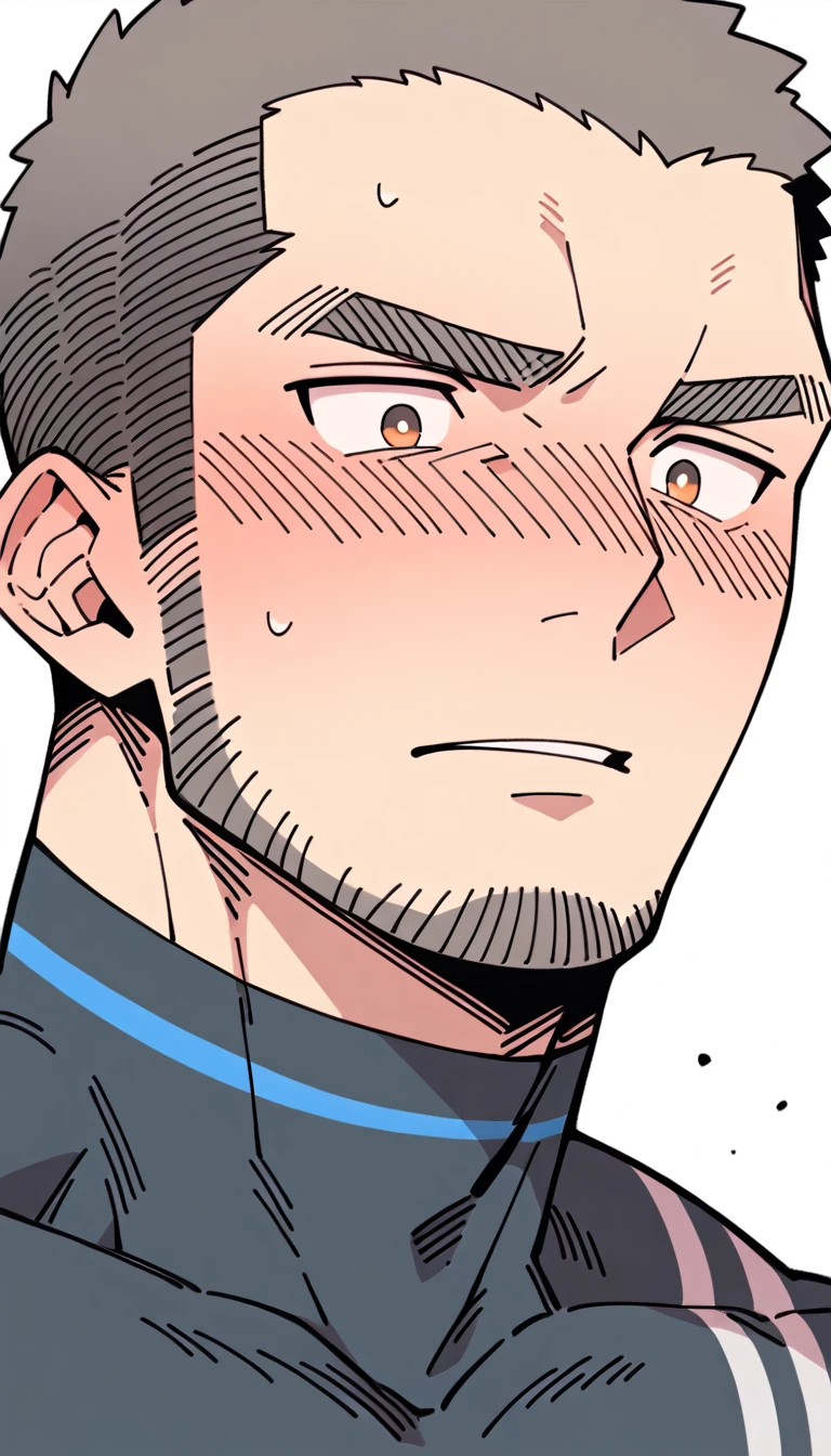 anime characters:Priapus Dark-skinned muscular athlete, Buzz Cut, Manliness, male focus, Dark grey wetsuit, Very tight, full and perky chest muscles, muscular male, muscular, only, Upper body, alone, Red short hair, Thick eyebrows, stubble, Brown-red pupils, White background, simple background, amazing quality, best aesthetics, Ridiculous, crew cut, parted lips, flustered, endured face, shy, blush, negative space, negative space, best quality