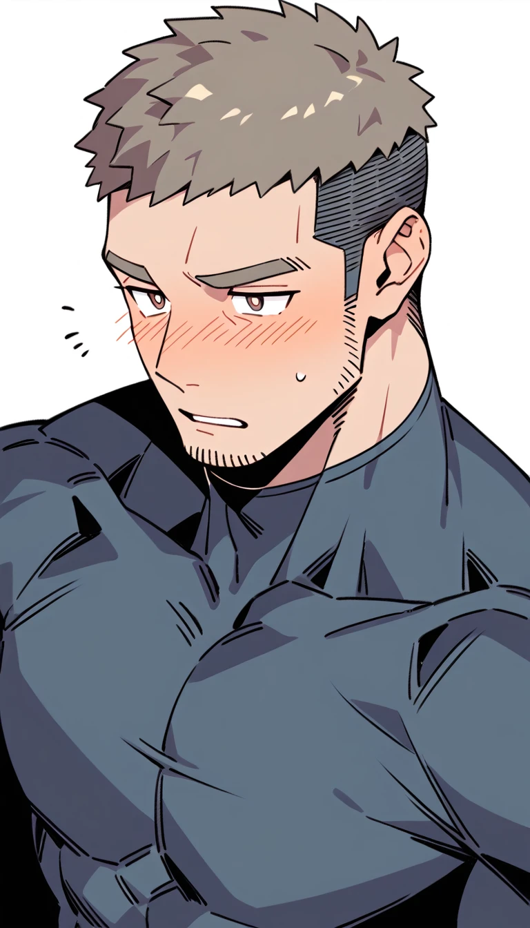 anime characters：Priapus Dark-skinned muscular athlete, Buzz Cut, Manliness, male focus, Dark grey wetsuit, Very tight, full and perky chest muscles, muscular male, muscular, only, Upper body, alone, Red short hair, Thick eyebrows, stubble, Brown-red pupils, White background, simple background, amazing quality, best aesthetics, Ridiculous, crew cut, parted lips, flustered, endured face, shy, blush, negative space, negative space, best quality