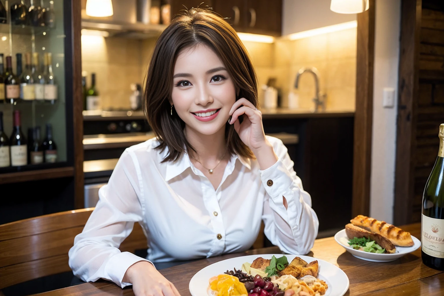 (Realistic:1.1),(masterpiece,Highest quality),8k,(44 years old), 42 years old, slimカップル、Model Couple、actress/actor、Tight waist,Upper Body,full-course dinner、wine 、Amazing view of the sunset sky and clouds、Perfect Anatomy, Brown Hair, short hair,Random Hairstyles,((Highly detailed face and eyes:1.2))(cute顔:1.4),美しいactressの顔,Perfect golden ratio face,Long sleeve shirt、dress,(smile:1.2)、Shortcuts、cute、(Realistic, Intricate details:1.2), A bright smile、short hair,Bright Face、赤wine 、Appetizers、Italian food、wine bottle、Champagne、スパークリングwine、(slimな顔), (The body is slim), (Brown Hair), (Shortcuts), Upper Body, 白wine, slim, wineグラス,
