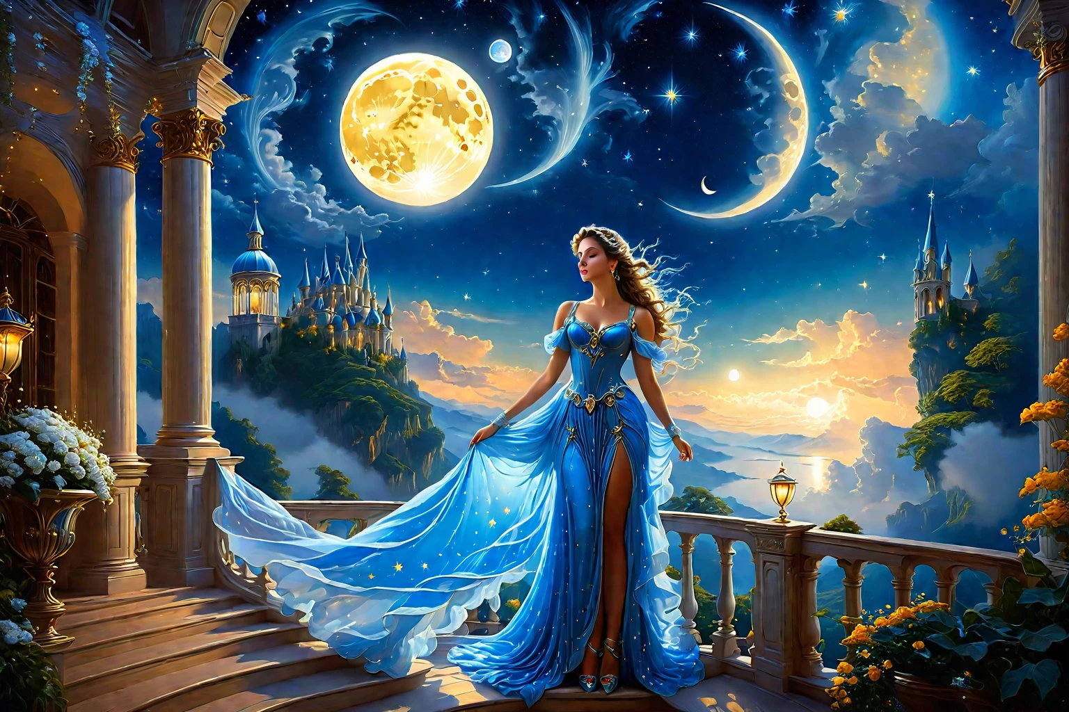 Painting of a beautiful woman in a blue dress, silver opera gloves and Roman sandals, standing on the balcony in a graceful pose, the scene is illuminated by the moon in the starry sky, based on Evgeny Lushpin, romantic picture, beautiful art uhd 4k, Michael Horse (unreal engine, Fantasy Painting HD, Alexander Kucharsky, fantasy art realistic painting, inspired by Michael Cheval, beautiful painting in fantasy style, Fantastic scene, fantasy beautiful, dream landscape art, fairytale picture, beautiful fantasy art, very beautiful fantasy art, fantasy woman, beautiful fantasy art style painting, moon goddess, breathtaking fantasy art, fantasy art style, moon goddess, fantasy art, fantasy art, hd fantasy art, beautiful sky mage, fantasy art, realistic fantasy painting, amazing fantasy art, detailed fantasy art