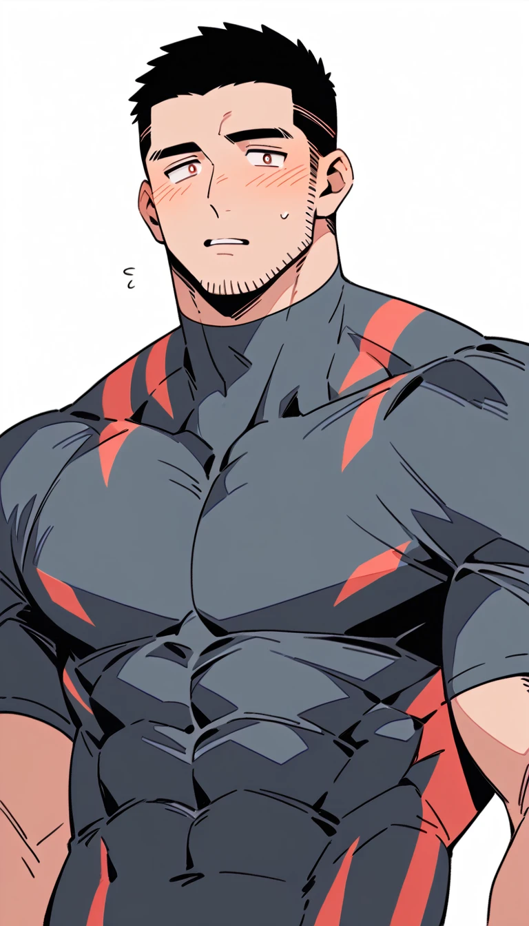 anime characters：Priapus Dark-skinned muscular athlete, Buzz Cut, Manliness, male focus, Dark grey wetsuit, Very tight, full and perky chest muscles, muscular male, muscular, only, Upper body, alone, Red short hair, Thick eyebrows, stubble, Brown-red pupils, White background, simple background, amazing quality, best aesthetics, Ridiculous, crew cut, parted lips, flustered, endured face, shy, blush, negative space, negative space, best quality