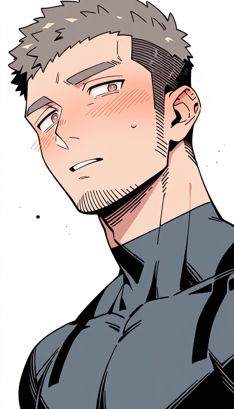 anime characters:Priapus Dark-skinned muscular athlete, Buzz Cut, Manliness, male focus, Dark grey wetsuit, Very tight, full and perky chest muscles, muscular male, muscular, only, Upper body, alone, Red short hair, Thick eyebrows, stubble, Brown-red pupils, White background, simple background, amazing quality, best aesthetics, Ridiculous, crew cut, parted lips, flustered, endured face, shy, blush, negative space, negative space, best quality