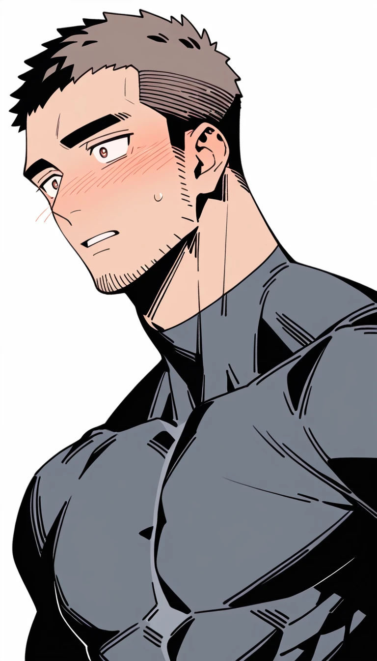 anime characters:Priapus Dark-skinned muscular athlete, Buzz Cut, Manliness, male focus, Dark grey wetsuit, Very tight, full and perky chest muscles, muscular male, muscular, only, Upper body, alone, Red short hair, Thick eyebrows, stubble, Brown-red pupils, White background, simple background, amazing quality, best aesthetics, Ridiculous, crew cut, parted lips, flustered, endured face, shy, blush, negative space, negative space, best quality