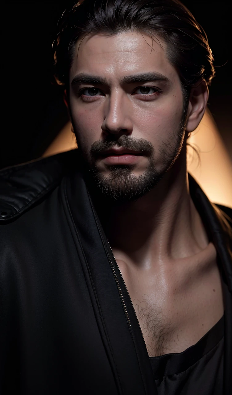 Best quality, masterpiece, ultra high res, (photorealistic:1.4), (male:1.2), (facial hair:0.6), dramatic lighting, in the dark, deep shadow