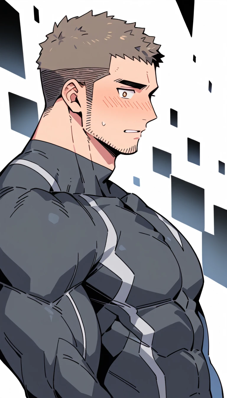 anime characters：Priapus Dark-skinned muscular athlete, Buzz Cut, Manliness, male focus, Dark grey wetsuit, Very tight, full and perky chest muscles, muscular male, muscular, only, Upper body, alone, Red short hair, Thick eyebrows, stubble, Brown-red pupils, White background, simple background, amazing quality, best aesthetics, Ridiculous, crew cut, parted lips, flustered, endured face, shy, blush, negative space, negative space, best quality