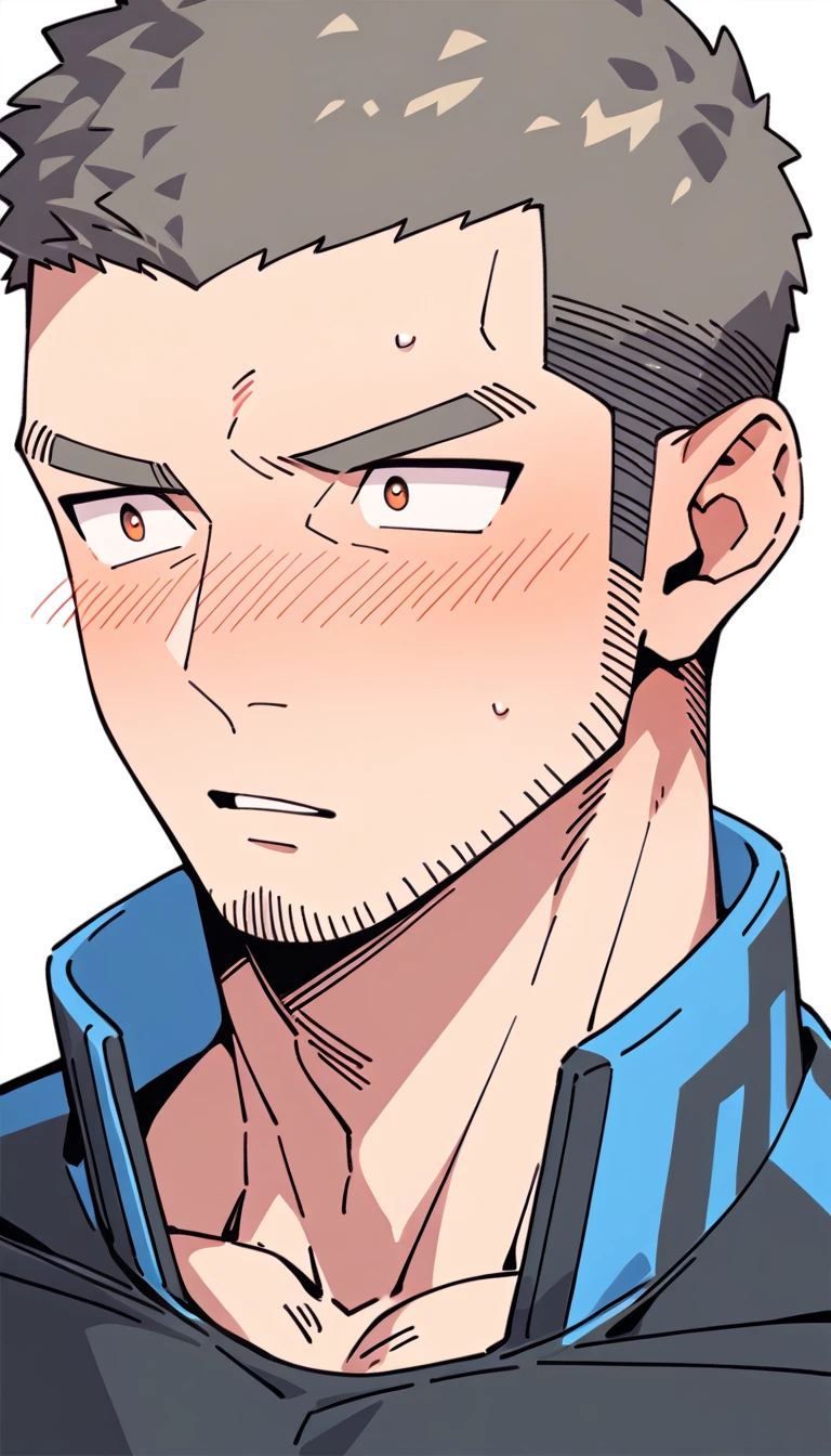 anime characters：Priapus Dark-skinned muscular athlete, Buzz Cut, Manliness, male focus, Dark grey wetsuit, Very tight, full and perky chest muscles, muscular male, muscular, only, Upper body, alone, Red short hair, Thick eyebrows, stubble, Brown-red pupils, White background, simple background, amazing quality, best aesthetics, Ridiculous, crew cut, parted lips, flustered, endured face, shy, blush, negative space, negative space, best quality