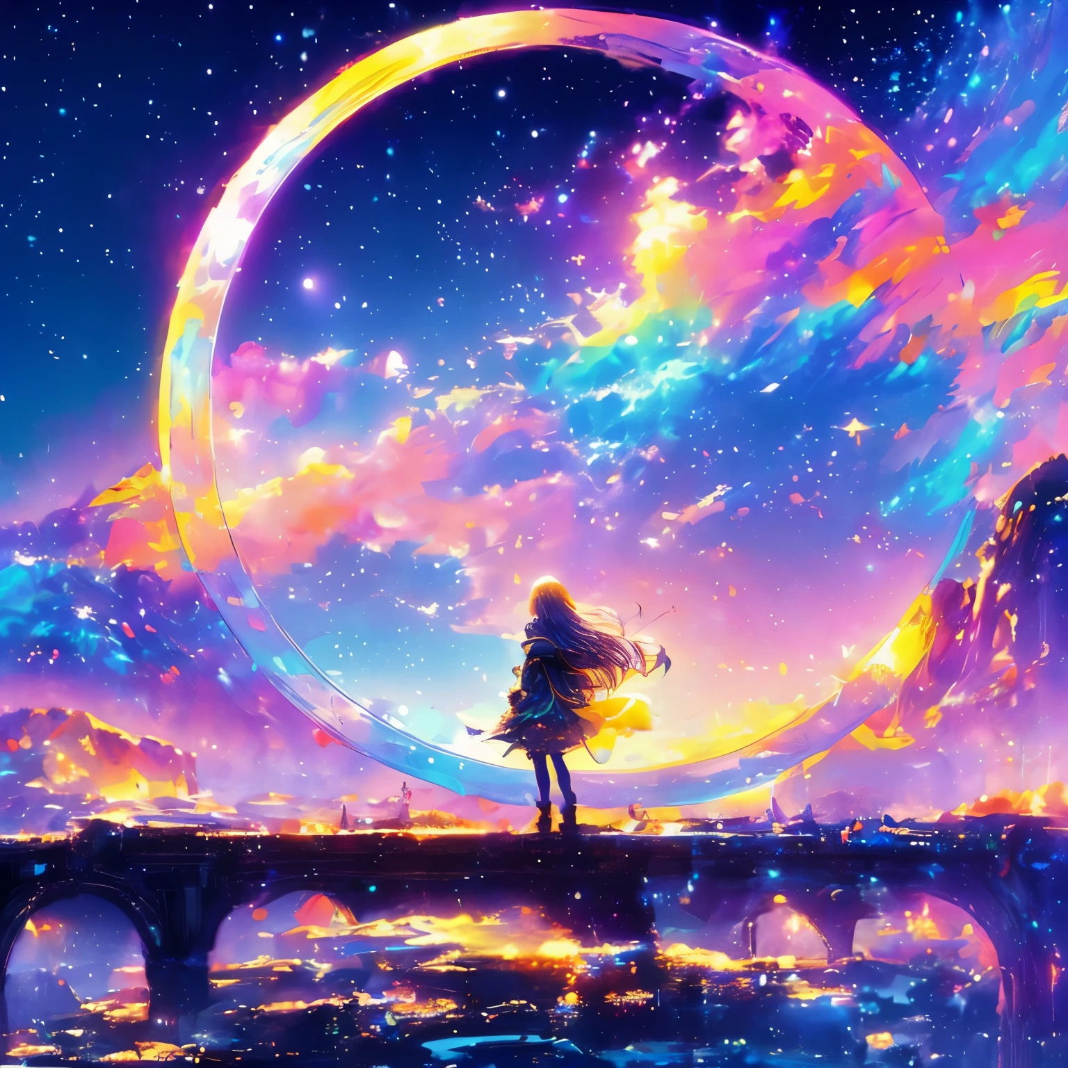 ((The pale yellow moon of a supergiant star))((A girl who looks up at her profile and is subjectively depicted))、((Crying girl))、Profile Girls、On a multicolored background、Painting of a river with stars and moon in a rainbow sky、Shining skyscrapers、Shine overall、Concept art inspired by Tosa Mitsuoki、Pixiv Contest Winners、Highest quality、Fantasy art、Beautiful anime scene、Bright Moon、Moonlight Star Environment、Dream Painting、Anime Background Art、Fantasy Landscape Painting、Fantasy Knight、Anime Background、Background artwork、Great art、Atmospheric anime、Starry Sky、details enhanced。