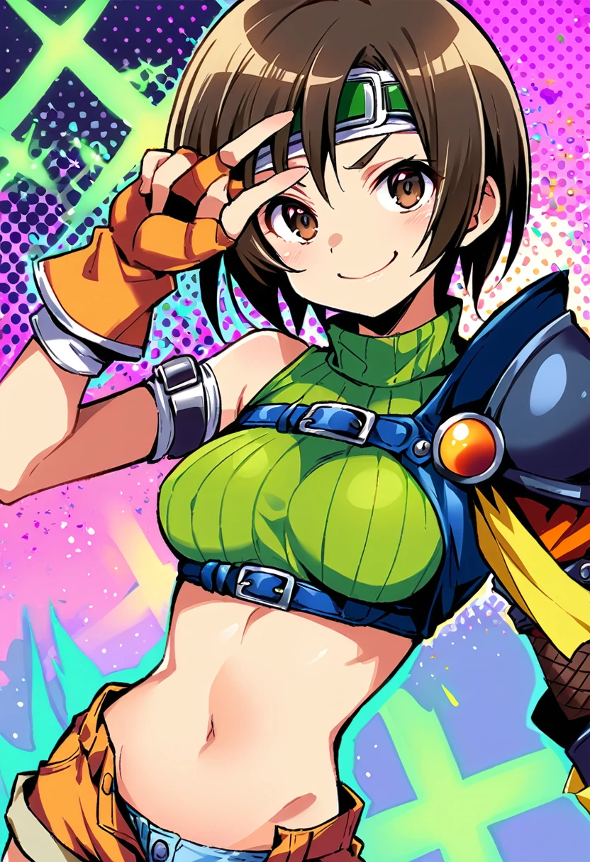 score_9, score_8_up, score_7_up,,BREAK , top angle:1.3.,mediumshot,(Standing pose),soro focus,1girl, yuffie kisaragi, final fantasy, short hair,headband,navel,sleeveless,turtleneck,brown eyes,sleeveless turtleneck,solo,breasts,looking at viewer,smile,gloves,crop top,brown hair,shorts,midriff,,sweater,open fly,armor,fingerless gloves,ribbed sweater,medium breasts,,smile,smug,best quality,aesthetic,very aesthetic,masterpiece,high-resolution,  (Proportion). v-over eye,