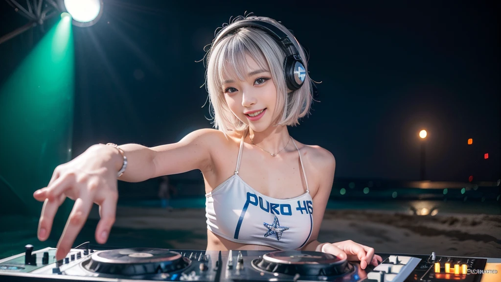 (ultra - detailed, 16K resolution, Cinema lenses, rendering by octane), (high resolution:1.18), intricate detail, (masterpiece:1.1), (highest quality:1.1), (1girl, portrait, white hair, blue eyes, short hair, detailed eyes),Wearing silver DJ headphones, sequined T-shirt, (in the beach:1.5), (Iconic hip-hop pop costumes:1.3), Smile while DJing on stage, DJ studio next to the beach, ((A stylish DJ stage on a hill overlooking the beach)), full body shot, Photorealistic photography by Sunshine, (cute round face:1.3), perfect fingers, five fingers, beautiful hands, perfect hands. master peace, cute smile, Fixhand.