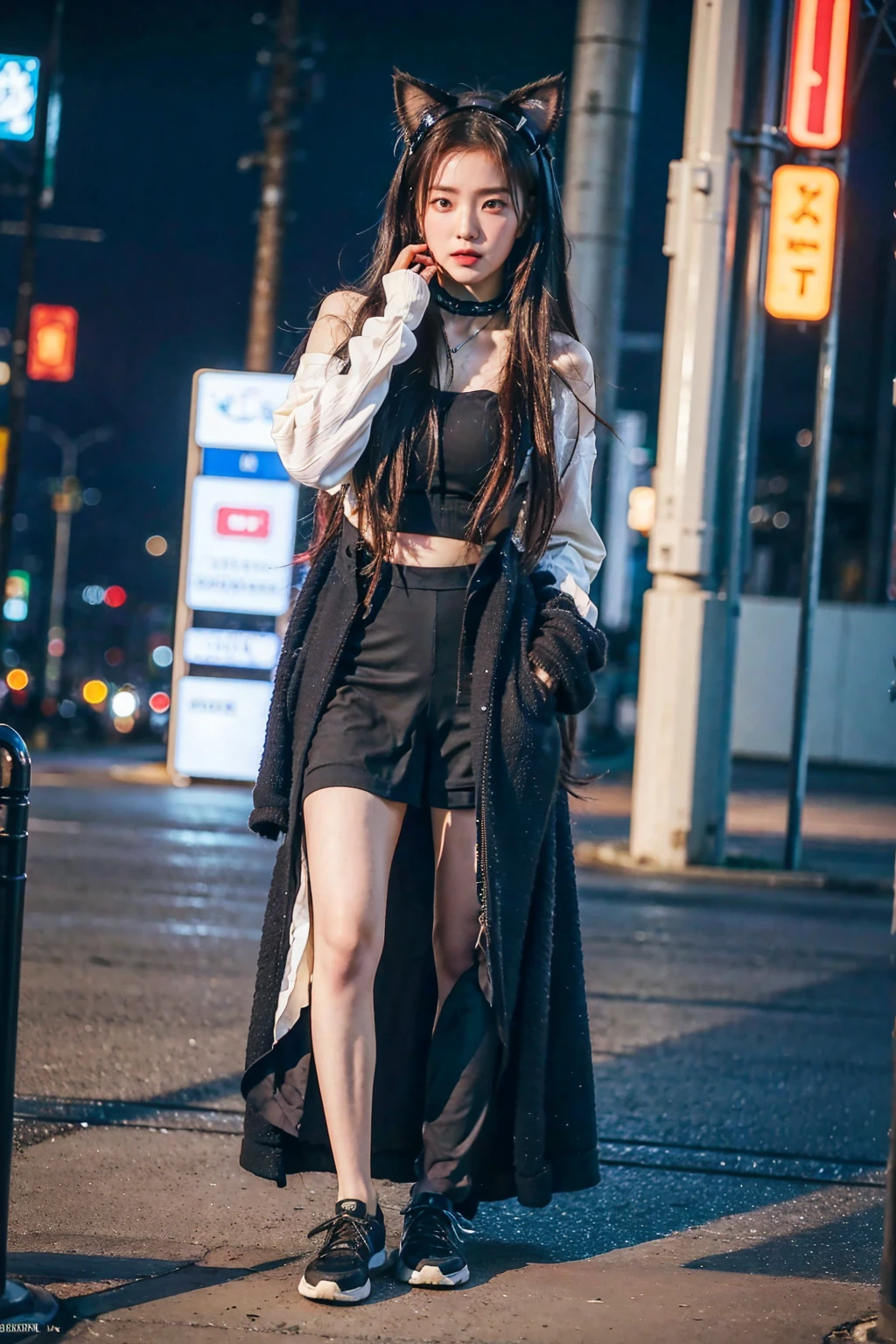 Full body of anime girl with long hair and cat ears in the city, delicate face, beautiful face, 4K Ultra HD, masterpiece, digital cyberpunk anime art, cyberpunk anime girl mech, female cyberpunk anime girl, cyberpunk anime girl, anime cyberpunk art, cute cyborg girl, Digital Cyberpunk - Animation Art, cyberpunk anime art, oppa cyberpunk, animation style 4k, perfect android girl, cyberpunk beautiful girl, beautiful girl cyborg