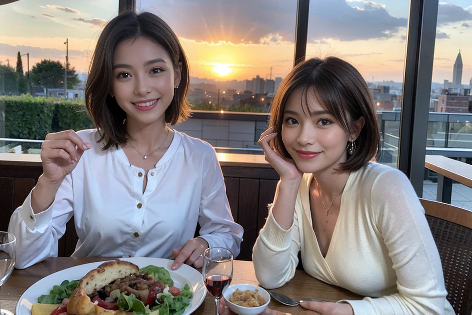 (Realistic:1.1),(masterpiece,Highest quality),8k,(45 years old), 42 years old, slimカップル、Model Couple、actress/actor、Tight waist,Upper Body,full-course dinner、wine 、Amazing view of the sunset sky and clouds、Perfect Anatomy, Brown Hair, short hair,Random Hairstyles,((Highly detailed face and eyes:1.2))(cute顔:1.4),美しいactressの顔,Perfect golden ratio face,Long sleeve shirt、dress,(smile:1.2)、Shortcuts、cute、(Realistic, Intricate details:1.2), A bright smile、short hair,Bright Face、赤wine 、Appetizers、Italian food、wine bottle、Champagne、スパークリングwine、(slimな顔), (The body is slim), (Brown Hair), (Shortcuts), Upper Body, 白wine, slim, wineグラス,