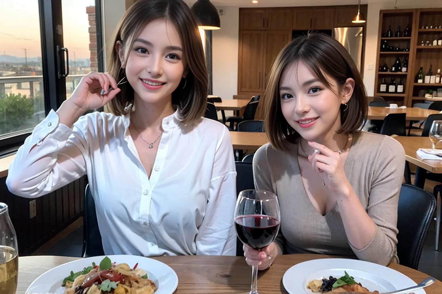 (Realistic:1.1),(masterpiece,Highest quality),8k,(45 years old), 42 years old, slimカップル、Model Couple、actress/actor、Tight waist,Upper Body,full-course dinner、wine 、Amazing view of the sunset sky and clouds、Perfect Anatomy, Brown Hair, short hair,Random Hairstyles,((Highly detailed face and eyes:1.2))(cute顔:1.4),美しいactressの顔,Perfect golden ratio face,Long sleeve shirt、dress,(smile:1.2)、Shortcuts、cute、(Realistic, Intricate details:1.2), A bright smile、short hair,Bright Face、赤wine 、Appetizers、Italian food、wine bottle、Champagne、スパークリングwine、(slimな顔), (The body is slim), (Brown Hair), (Shortcuts), Upper Body, 白wine, slim, wineグラス,